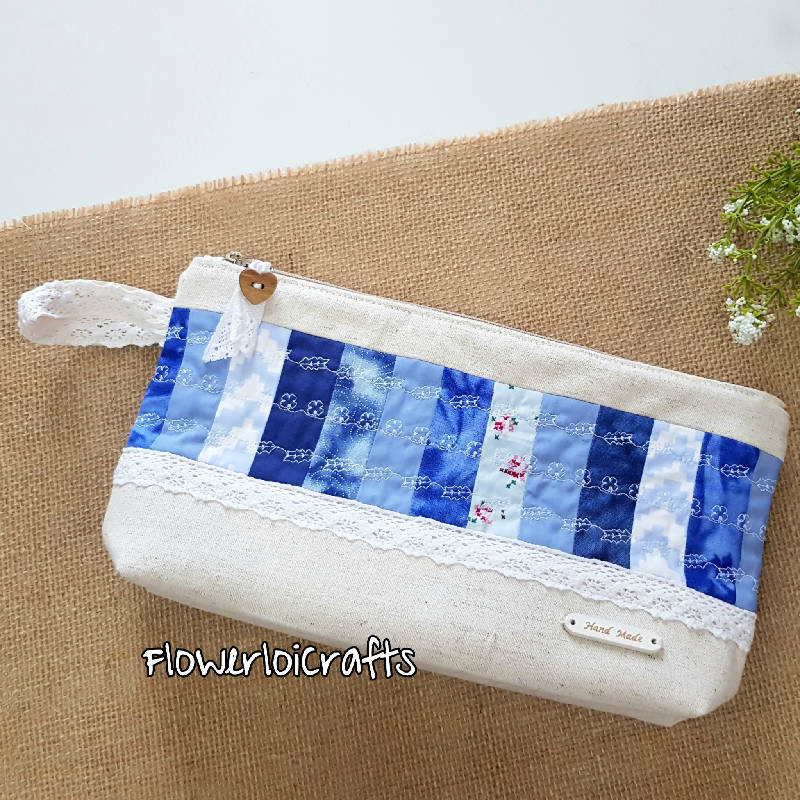 Zakka Style Patchwork-Lace Zippered Pouch (Blue Series)