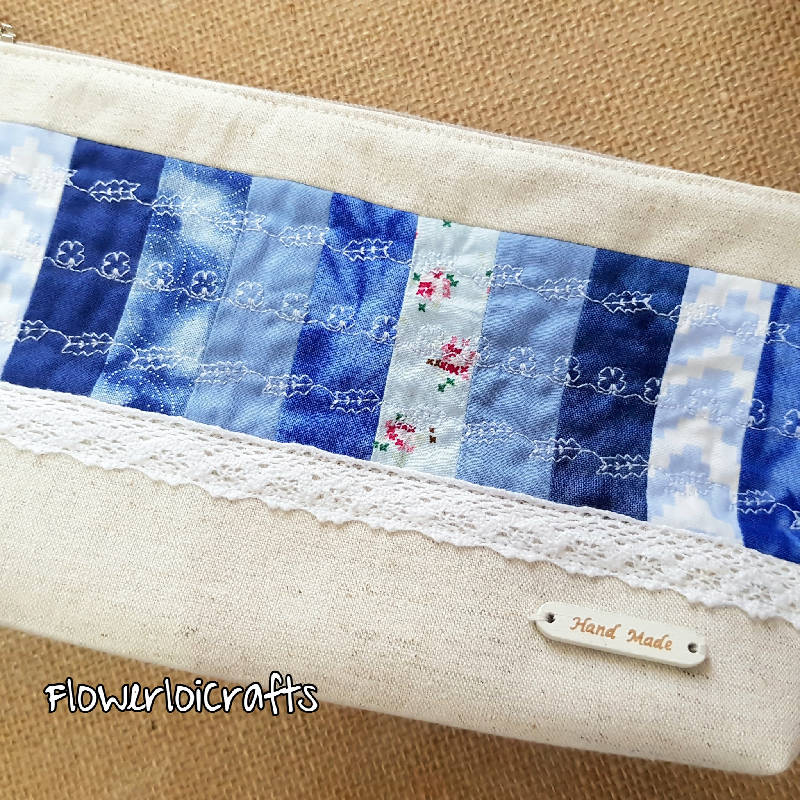 Zakka Style Patchwork-Lace Zippered Pouch (Blue Series)